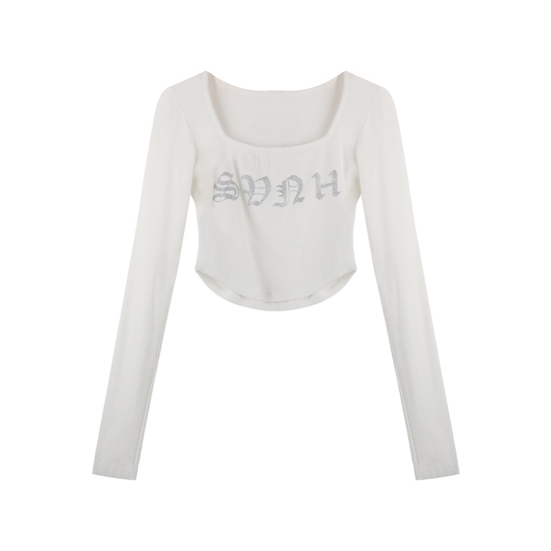 Red Kumikumi Slim Slim Kerah Persegi Lengan Pendek T-shirt Wanita Musim Gugur Huruf Cetak Bagian Pendek Irregular Hot Girl Top