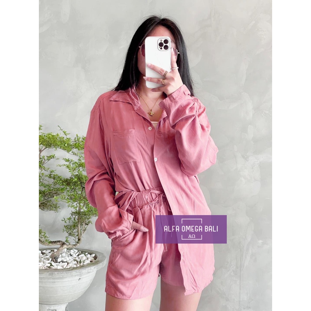 Setelan Kemeja Lengan Panjang Celana Pendek Wanita Rayon Fit XL