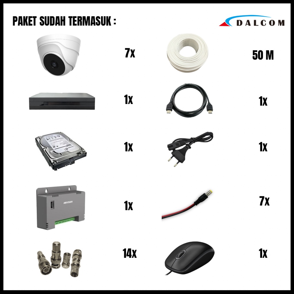 PAKET CCTV DALCOM 8 CHANNEL 7 KAMERA 2K 1080P