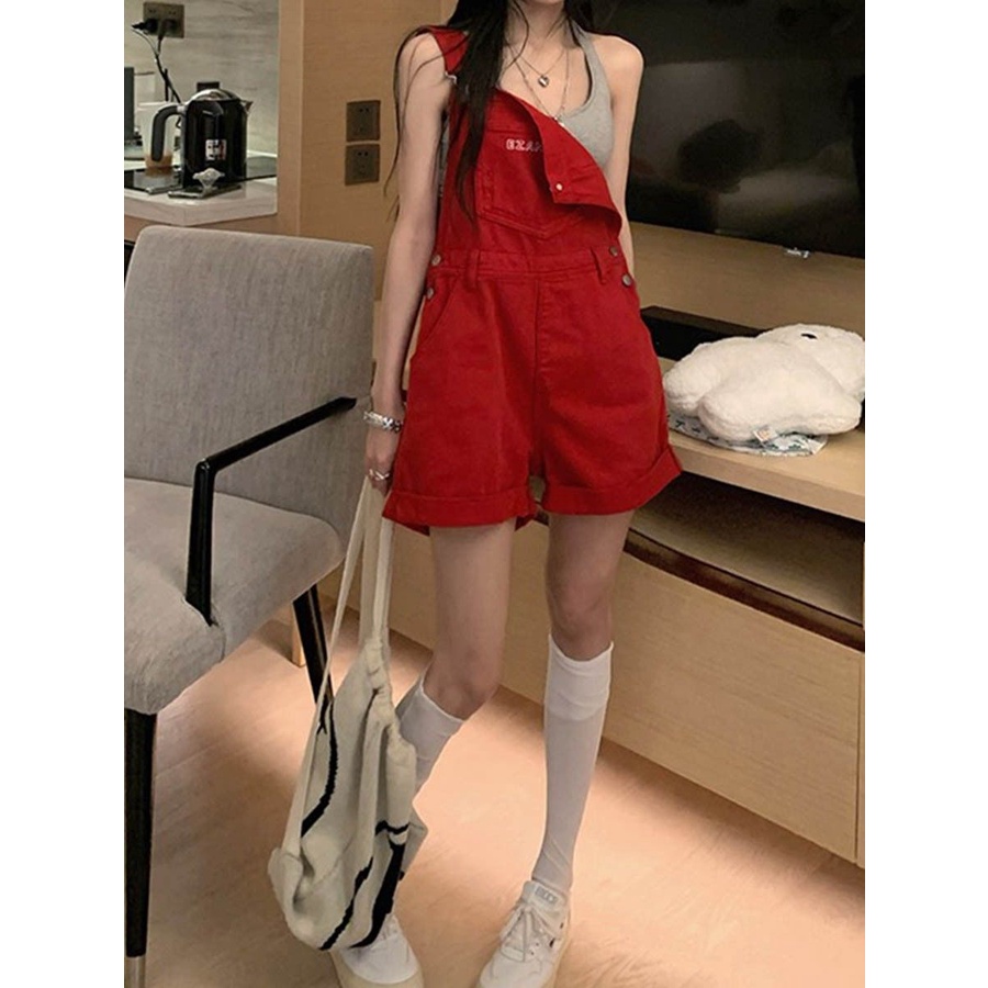 Red hot gadis pinggang tinggi denim suspender celana pendek wanita musim panas kecil longgar longgar mengurangi usia lebar kaki suspender one-piece celana