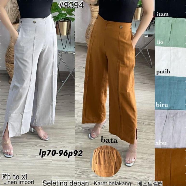 9394# Celana Panjang Kulot Katun Linen Import Belah Samping Free Ongkir Dan Bisa Cod