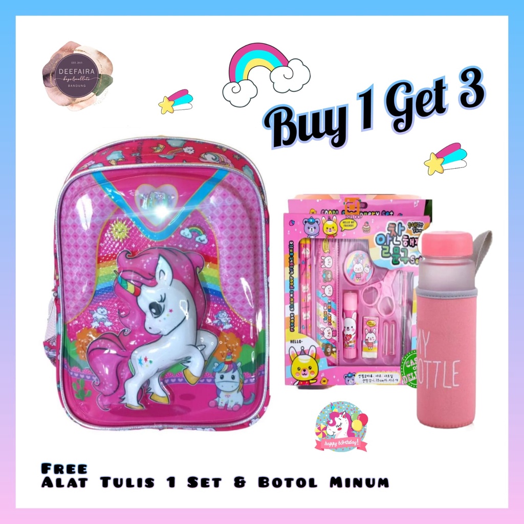 Tas Ransel Anak Perempuan  Paket Buy 1 Get 3 Uniq0rn 3DLed Untuk Tk Paud Sd