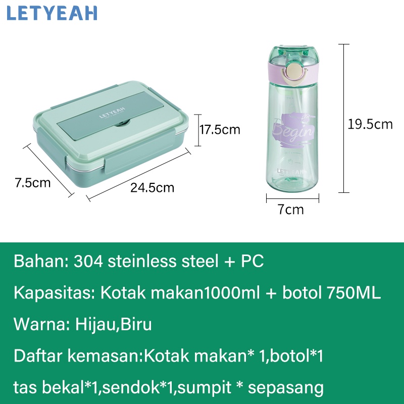 letyeah Lunch box set tas bekal dan 4 sekat kotak makan stainless 304 /570ml botol minum anti tumpah