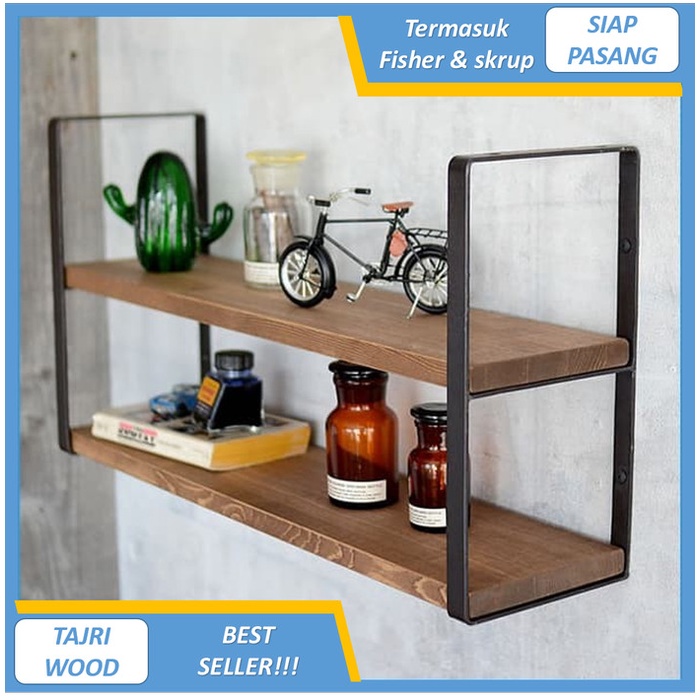 BEST SELLER TORA rak dinding 2 ambalan kayu dan besi buku make up hiasan dekorasi - 30CM TERLARIS