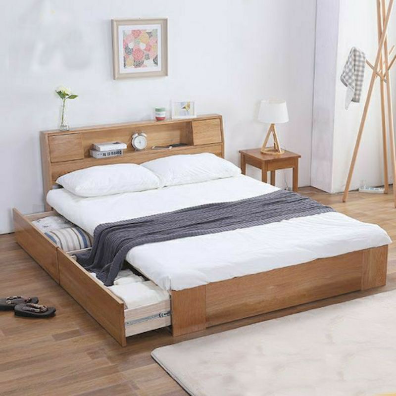 Dipan tempat tidur 160x200 kayu jati minimalis, ranjang laci sorong