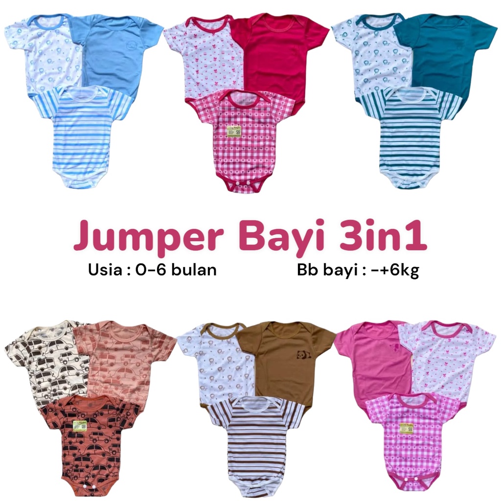 3in1 Jumper Bayi Lengan Pendek SNI Baju Bayi Perempuan Laki Laki 3pcs Jumsuit Bayi Baru Lahir BODYSUIT Jumpsuit Bayi Sleepsuit Bayi Lengan Pendek Romper Bayi Motif Kaos Anak Bayi