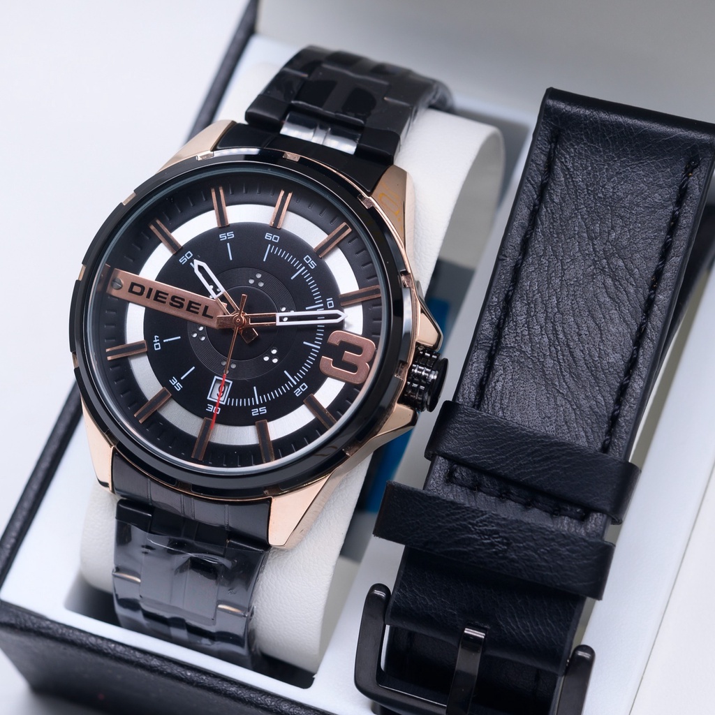 COD Jam Tangan Pria D1esel Tali Rantai Free Tali Kulit Body Bulat Tanggal Aktif