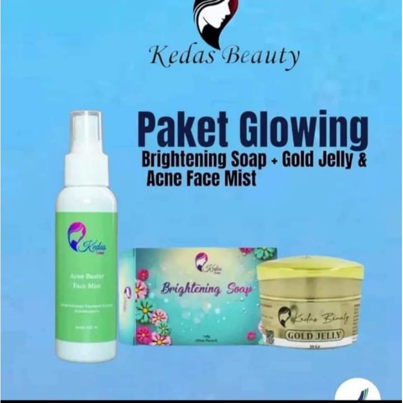 Paket glowing kedas beauty(face mist,sabun,dan gold jelly) untuk kulit berjerawat/beruntusan
