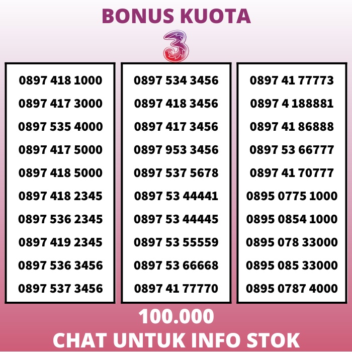 Nomor Cantik Three Kartu Perdana Tri 11 Digit Rapih Nasional Simcard 4G Bonus Kuota