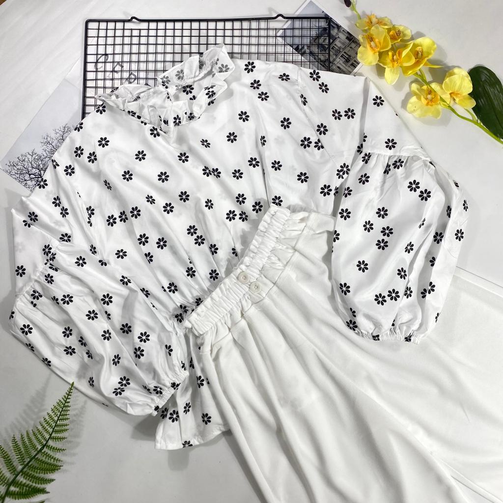 IL - SETELAN BYTHA MOTIF BUNGA TERBARU / ONE SET KULOT BUTTON 2 KANCING BAHAN CREPE PREMIUM-BYTHA PUTIH+PUTIH