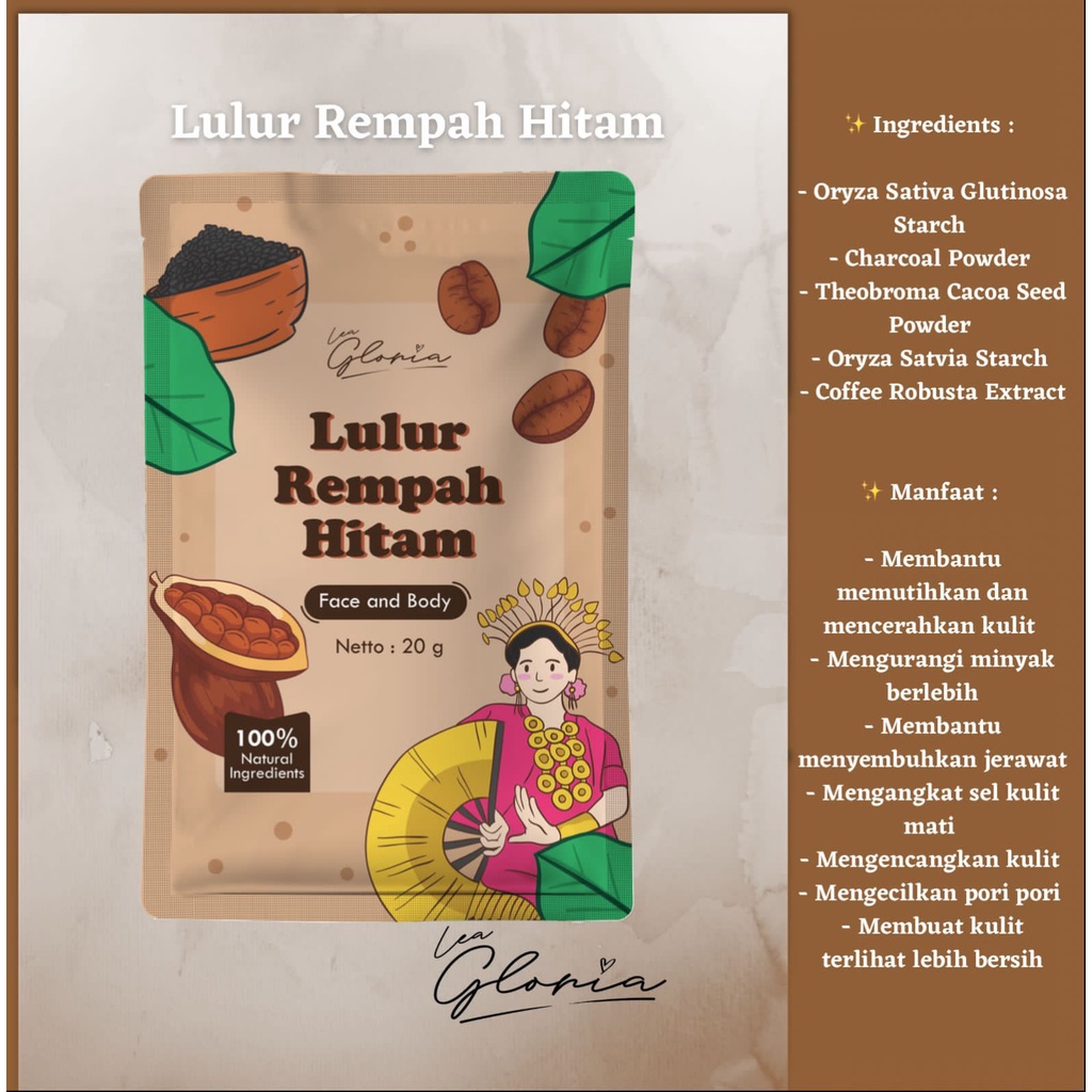 [BPOM] LULUR REMPAH LEA GLORIA 2IN1 FACE BODY 20GR LULUR BADAN REMPAH HITAM KAYU BANGKAL