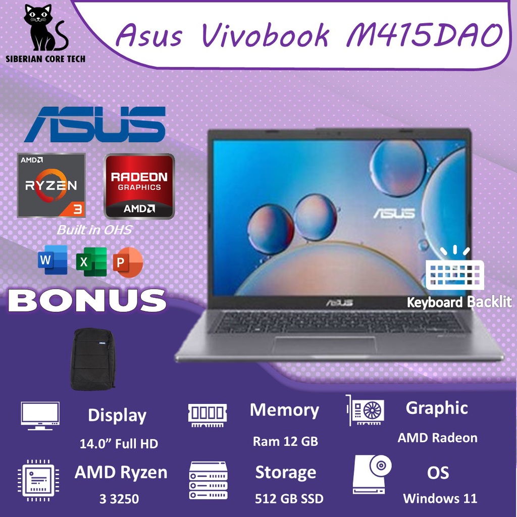 ASUS VIVOBOOK 14 M415DAO FHD351 RYZEN 3 3250 12GB 512SSD VEGA3 W11+OHS 14.0FHD