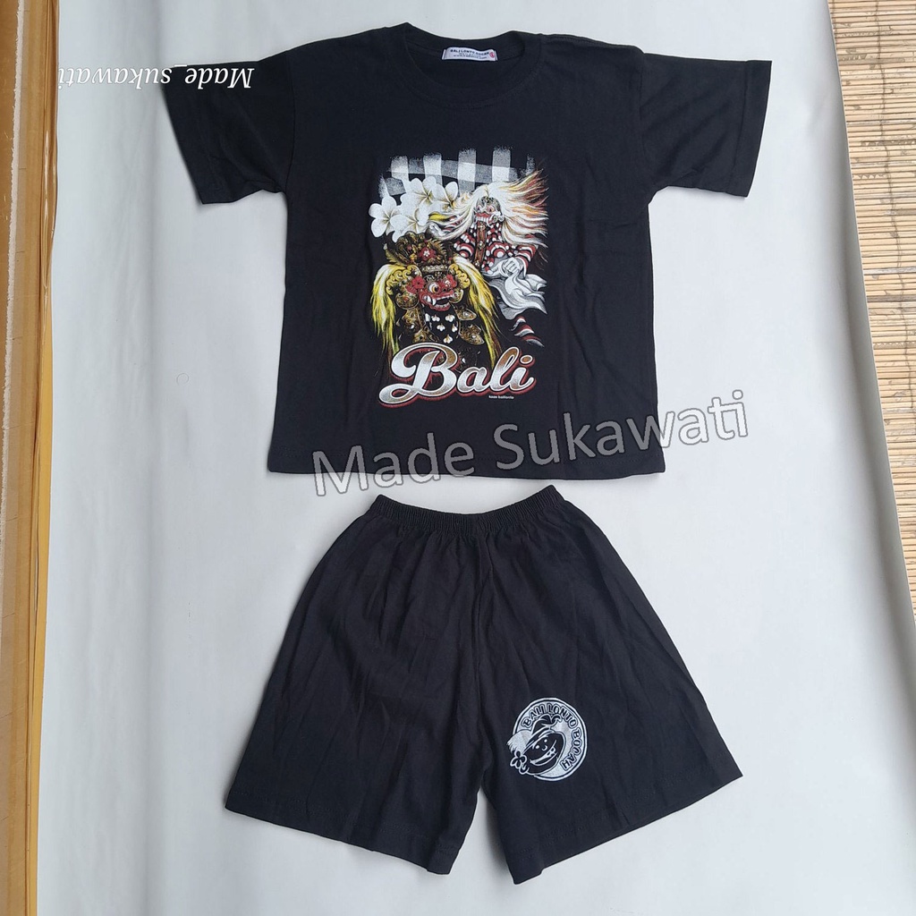 Setelan baju kaos celana anak Katun Barong Rangda Bali Lonto Bocah