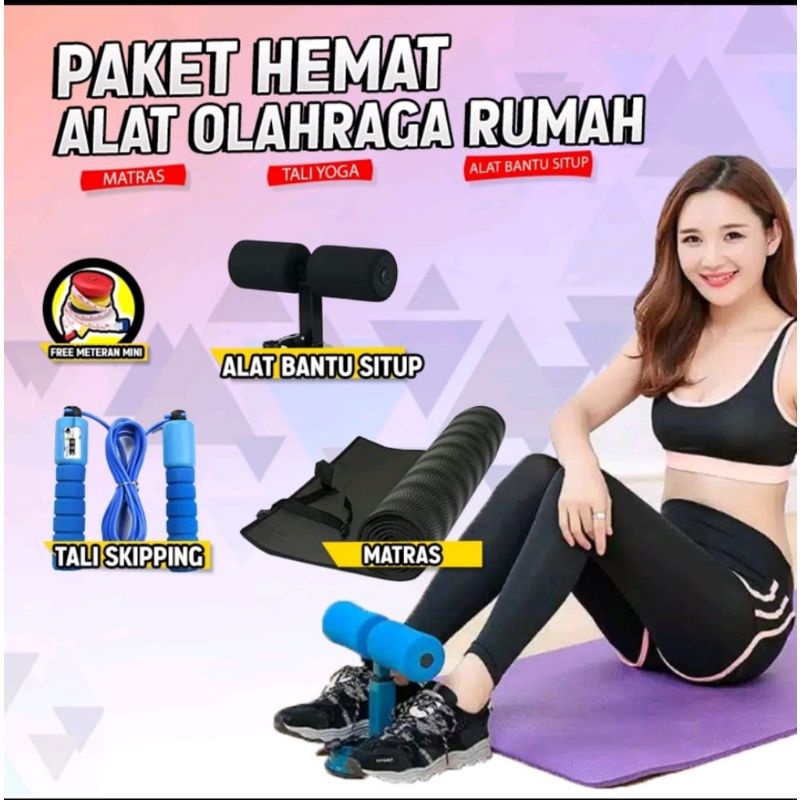 (BUNDLE HEMAT) ALAT OLAH RAGA GYM FITNESS WORKOUT DI RUMAH skiping counter dan sit up dan matras 180