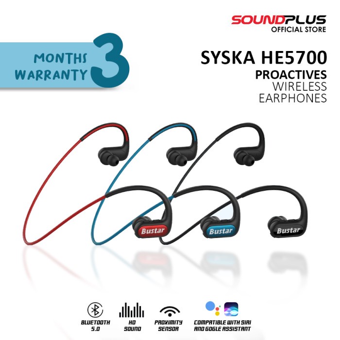 Headset Gaming Soundplus Grosir Syska HE5700 Bluetooth Neckband Biru Wireless Terlaris Headphone Ful