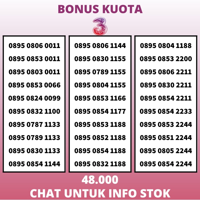 Nomor Cantik Three Kartu Perdana Tri 11 Digit Rapih Nasional Simcard 4G Bonus Kuota