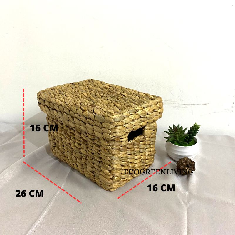 Storage Organizer Basket With Cover / box tutup / keranjang anyaman enceng 26X16X16 CM