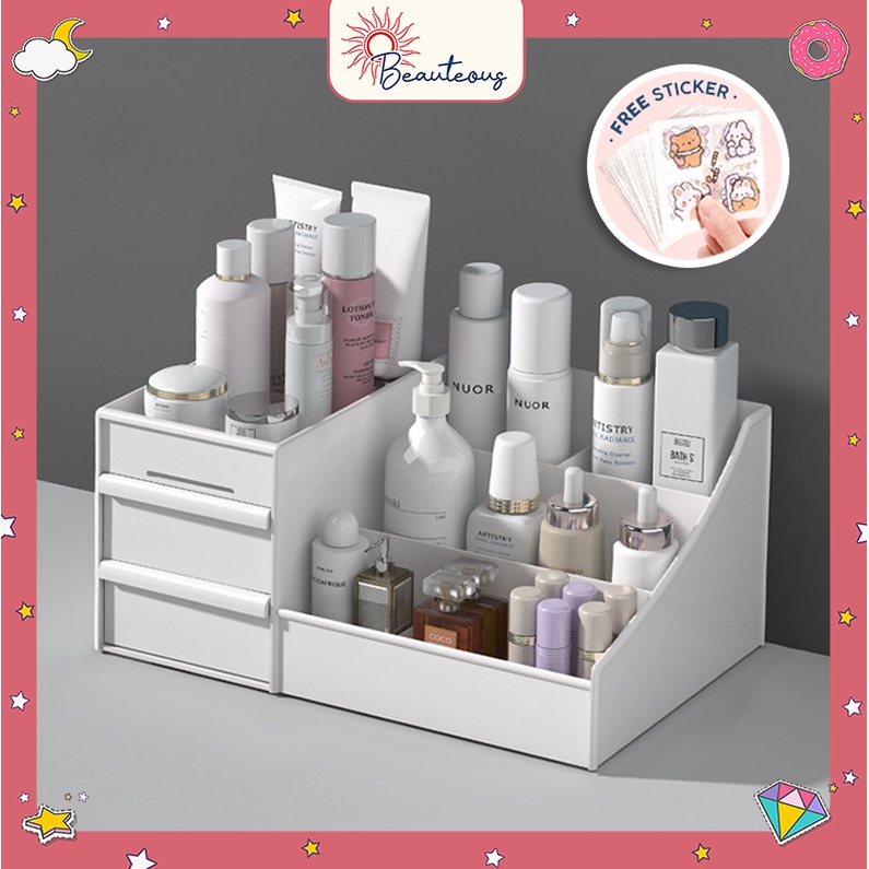 Rak Kosmetik Laci Susun Sekat Kotak Penyimpanan Tempat Kosmetik Make Up Lipstik Perhiasan Free Sticker