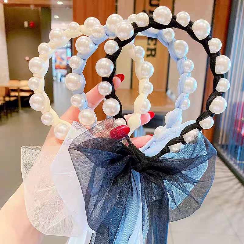 Bandana Mutiara Pita Tulle Panjang Bisa diikat Gaya Korea Bando Anak Import - Bando Mutiara Tali Kepang