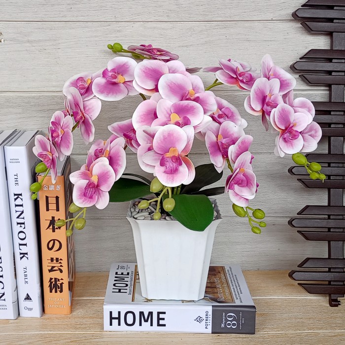 COD bunga anggrek bulan artificial pot kotak//anggrek latex cabang 2 - putih unggu
