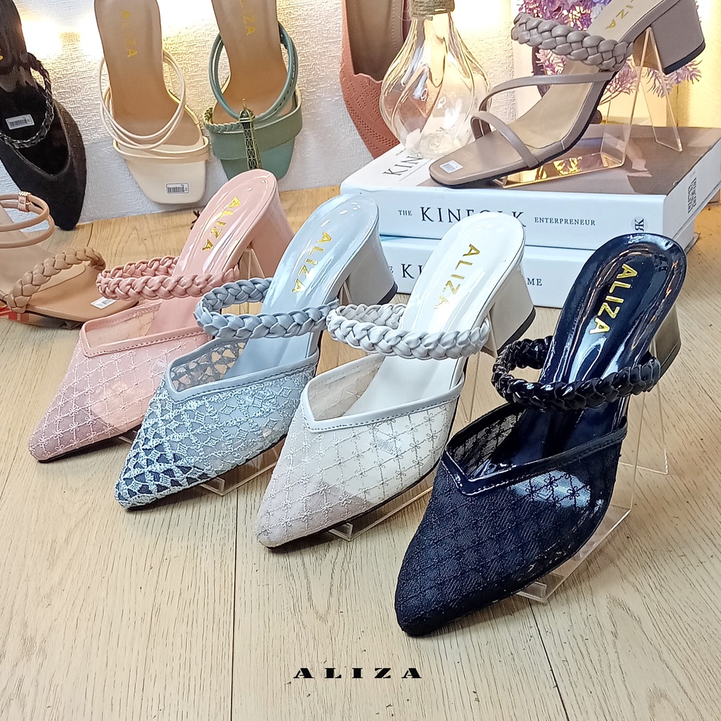 ALIZA SANDAL HEELS WANITA CHUNKY 5 CM JALA RAJUT TERBARU