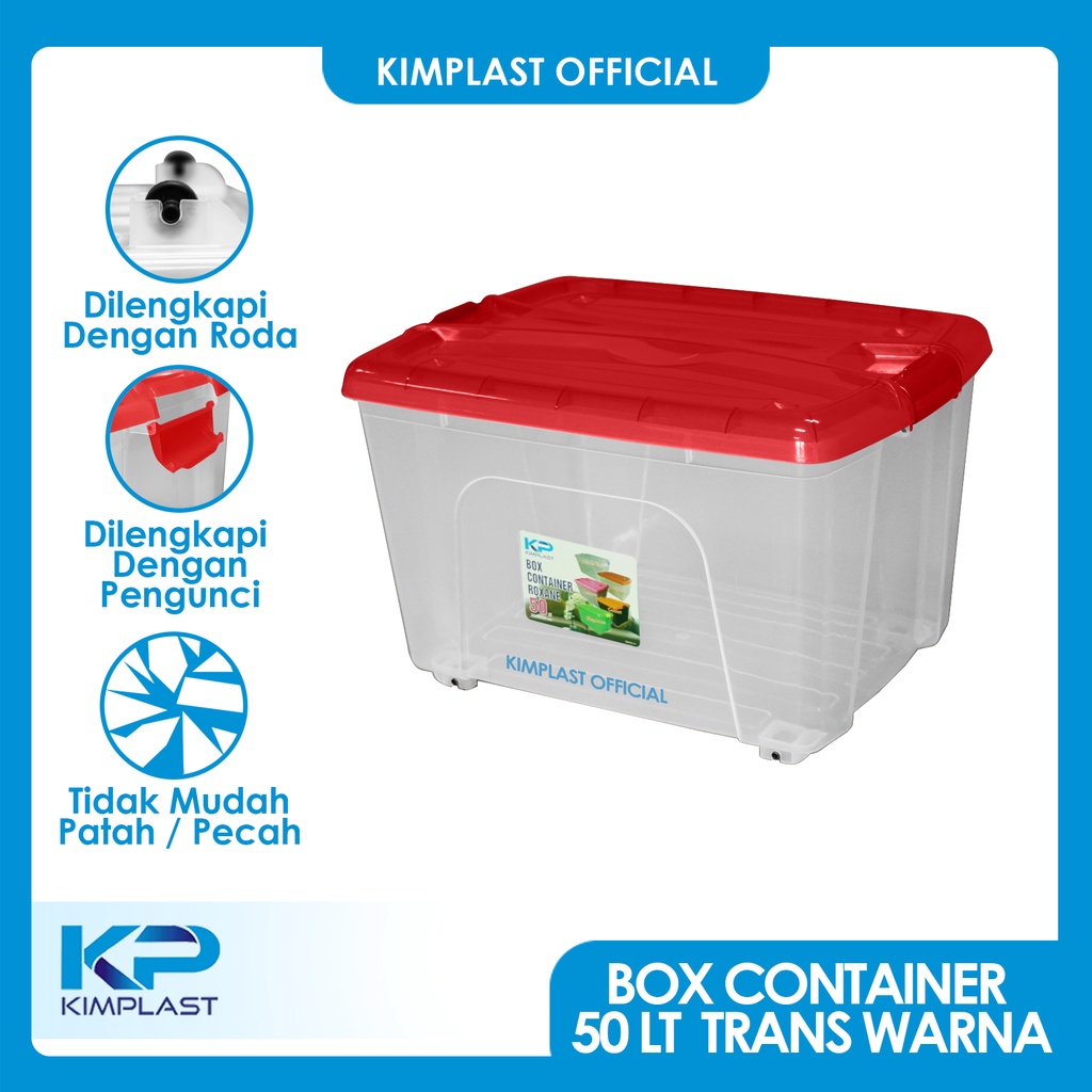 KIMPLAST BOX Container 50 Liter Transparan Warna / Dilengkapi roda / Dilengkapi Pengunci