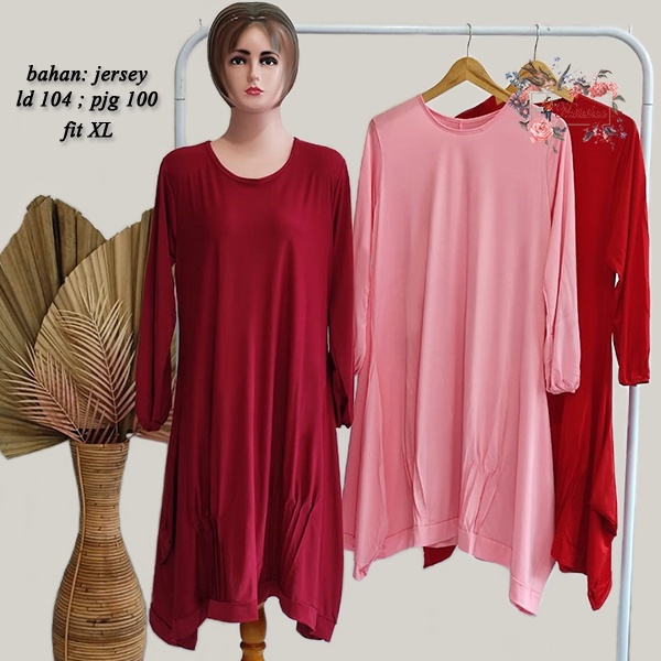 Tunik Wanita Panjang Jersey Lengan Panjang Karet Long Tunik Polos Bahan Adem dan Stretch Atasan Wanita Muslimah Kekinian Fit XL