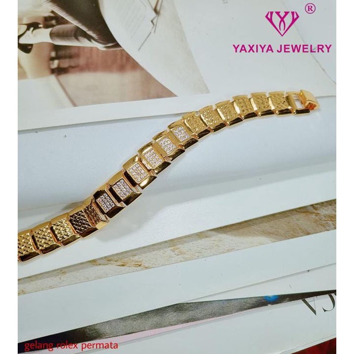 GELANG TANGAN ROLEX PERMATA DEWASA PERHIASAN IMITASI LAPIS EMAS