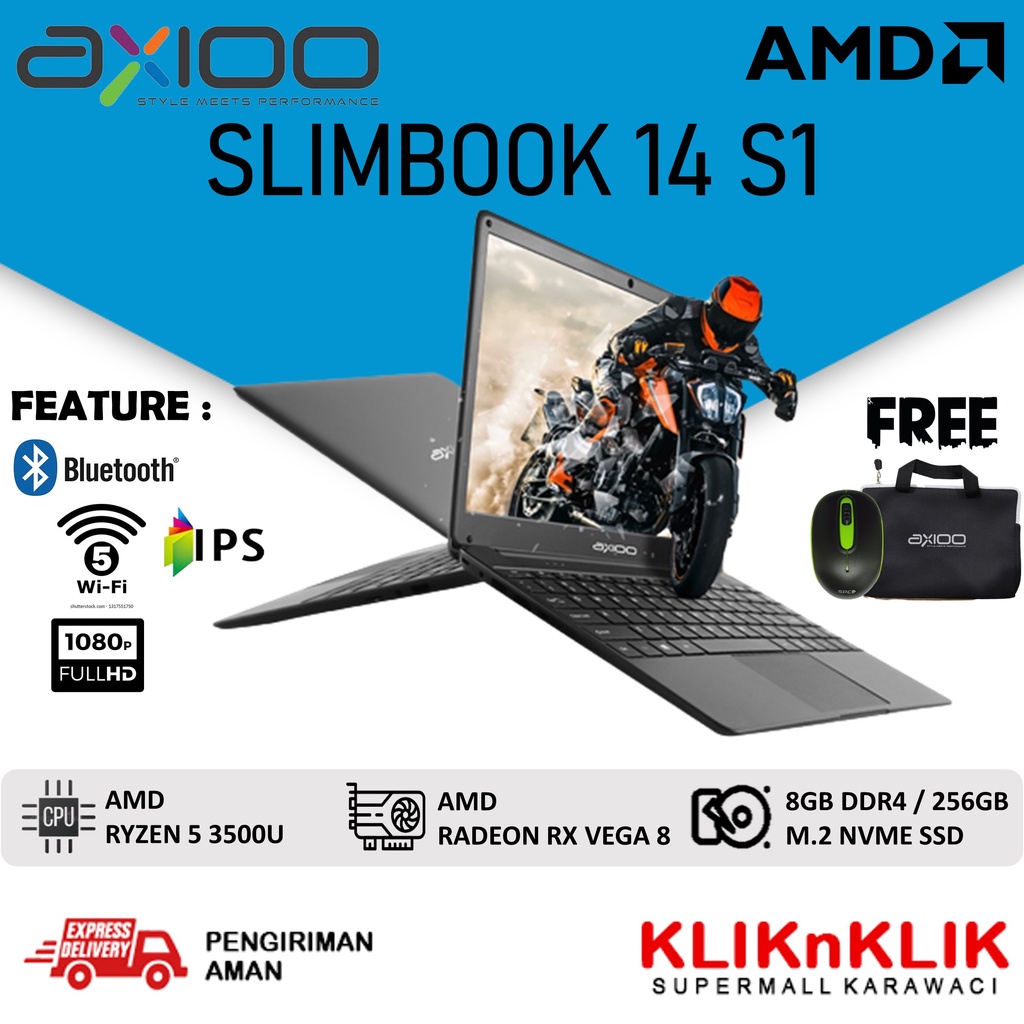 LAPTOP GAMING BARU MURAH AXIOO SLIMBOOK 14 S1 RYZEN 5 3500U 8GB 256GB SSD FULL HD IPS WIN 10 PRO