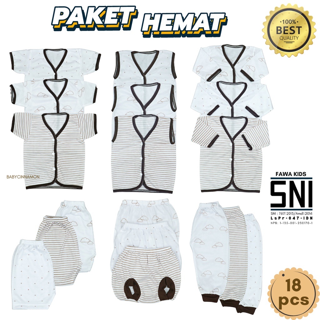 SNI - (18 PCS) Paket Baju Bayi New Born 0-3 Bulan Baju Kancing Kado Lahiran Setelan Stelan Baby Anak Laki Laki Perempuan Celana Pop Panjang Atasan