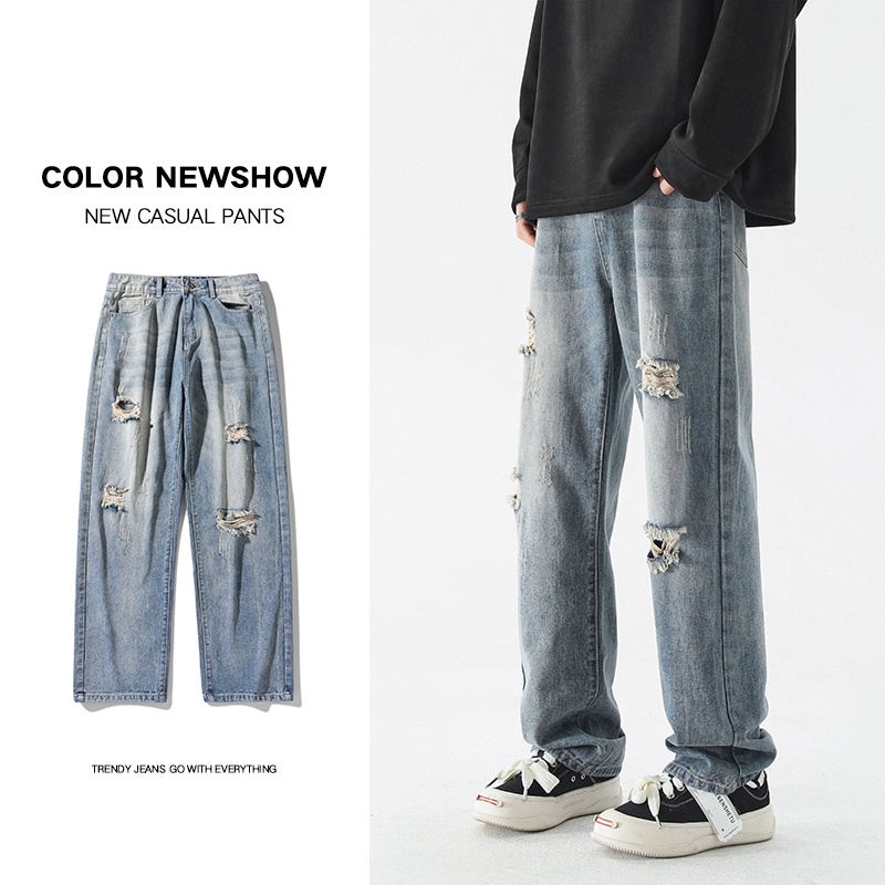 Celana Jeans Sobek Pria Celana Denim Panjang Robek Ripped Cowok Versi Korea Pants K501