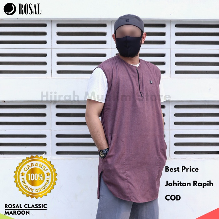 Rompi Sholat Baju Muslim Kaos Kurta Rompi Sholat Shalat Pria Rosal M XXXL Big Size - Maroon, L(C8V5)
