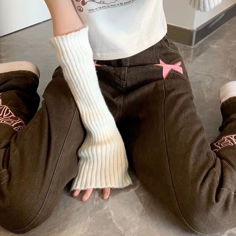 Red Lace-up jeans wanita 2023 baru pinggang tinggi hot girl rasa desain celana coklat Amerika high street longgar lebar kaki celana