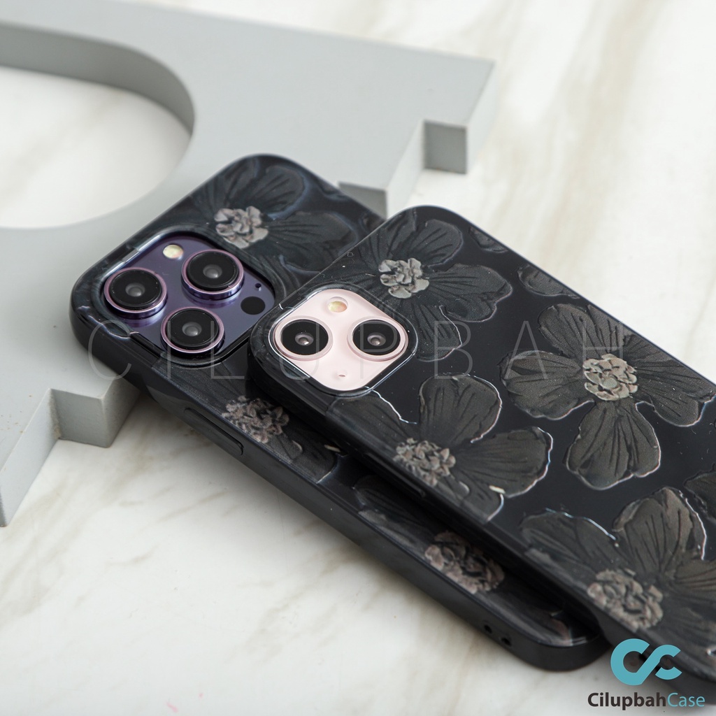 Black Painted Flowers Case for iPhone 7 8 PLUS XR X XS 11 12 13 14 14+ Plus Pro Max