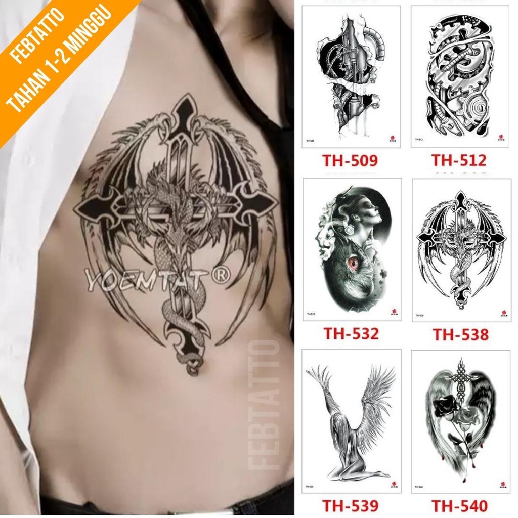 Tato Temporer Ukuran 21cmx15cm Motif Aesthetic Tatto Temporary Stiker Tato Halal Grosir Tato air motif sayap, salib, bunga, perempuan, tribal robot TH 538