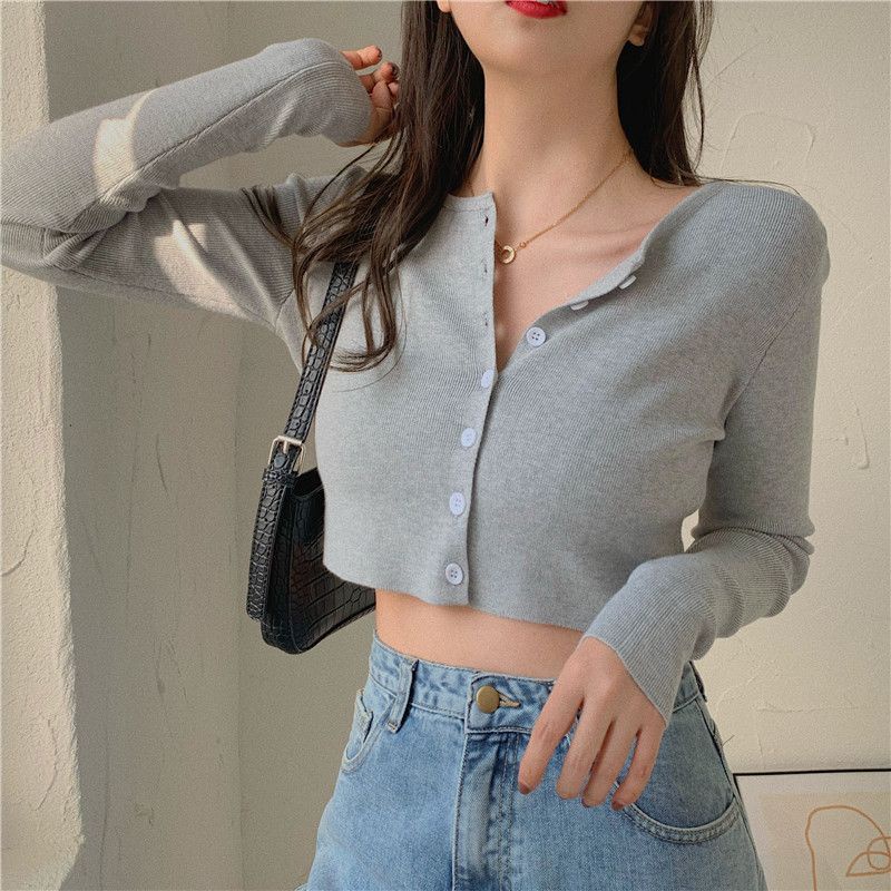 Red Retro Warna Solid Button-Down Rajut Kecil Cardigan Wanita Manis Bottoming Tinggi Pinggang Leher Bulat Sweater Lengan Panjang bahasa Perancis Cardigan