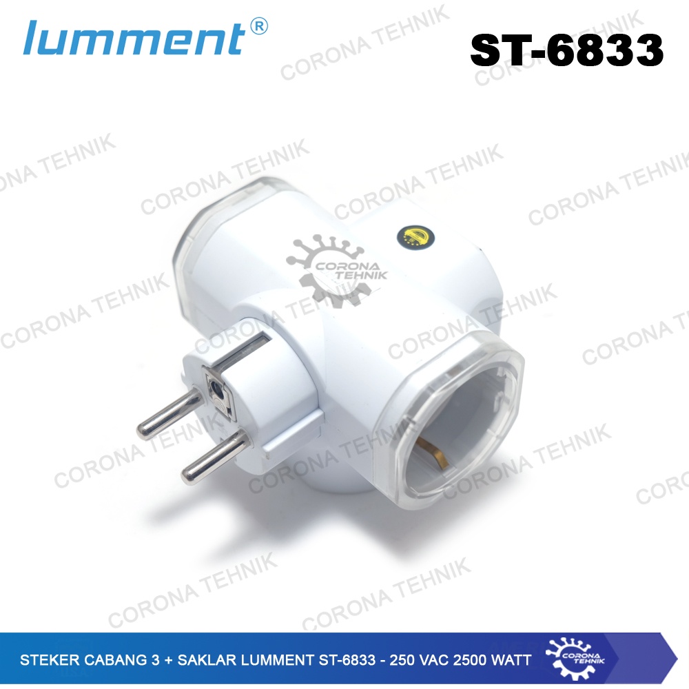 ST-6833 - 250 VAC 2500 Watt Steker Cabang 3 + Saklar Lumment