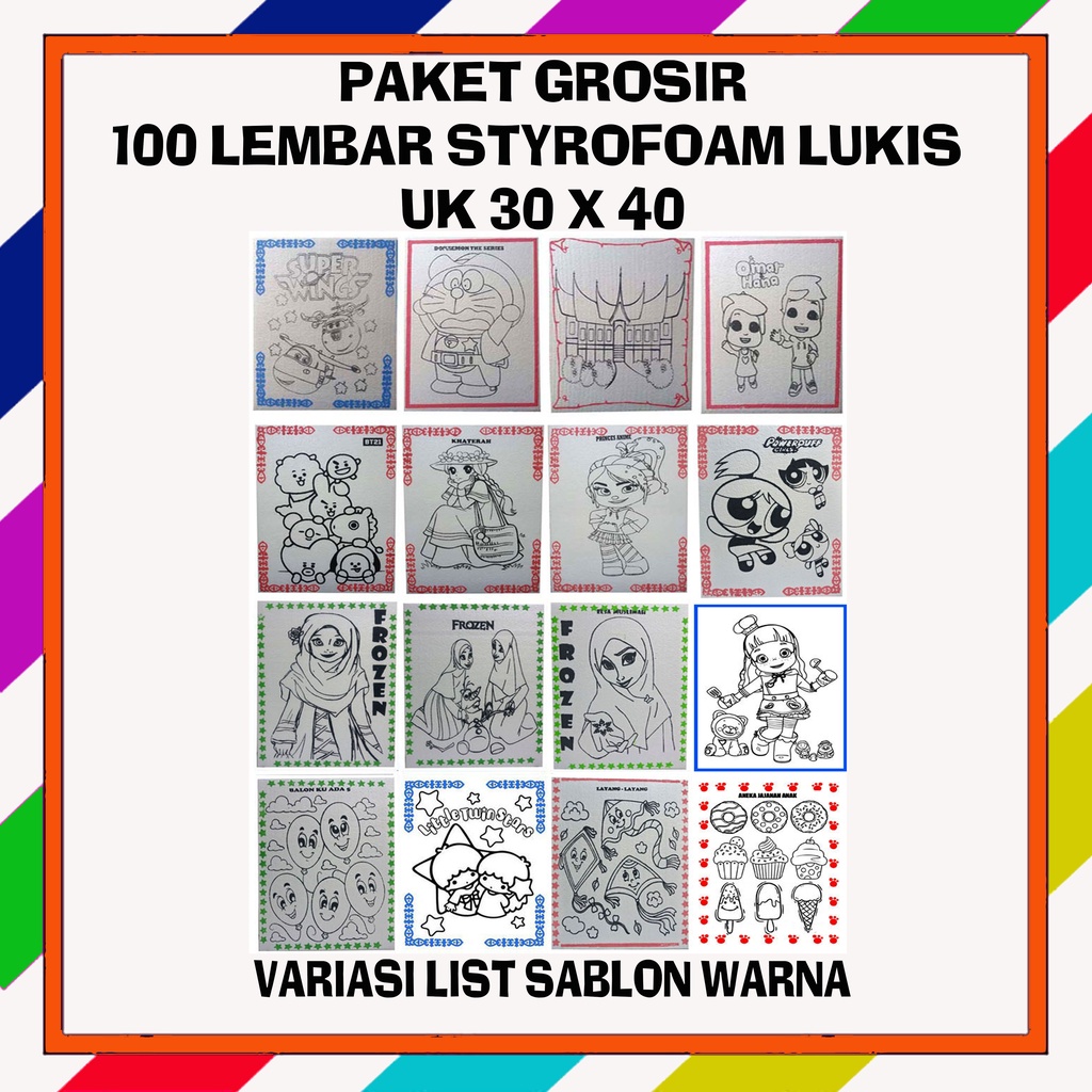 

Paket grosir 100 lembar gabus styrofoam lukis mewarnai variasi list sablon warna