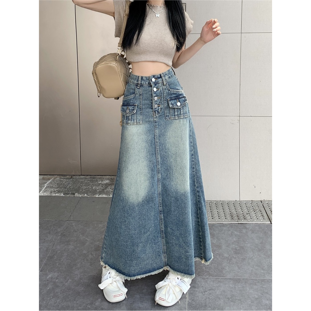 Red Rok denim tepi mentah retro Amerika wanita musim panas pinggang tinggi dicuci rok panjang rok fashion rok a-line ramping rok biru