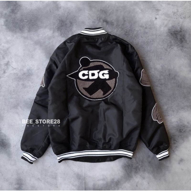 JACKET VARSITY CDG X STUSSY HITAM FULL BORDIR PREMIUM