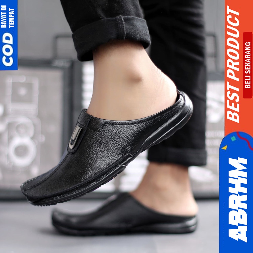 Sepatu Sandal Casual Bustong Pria Kulit Asli Tutong Hitam Abrhm Ergo