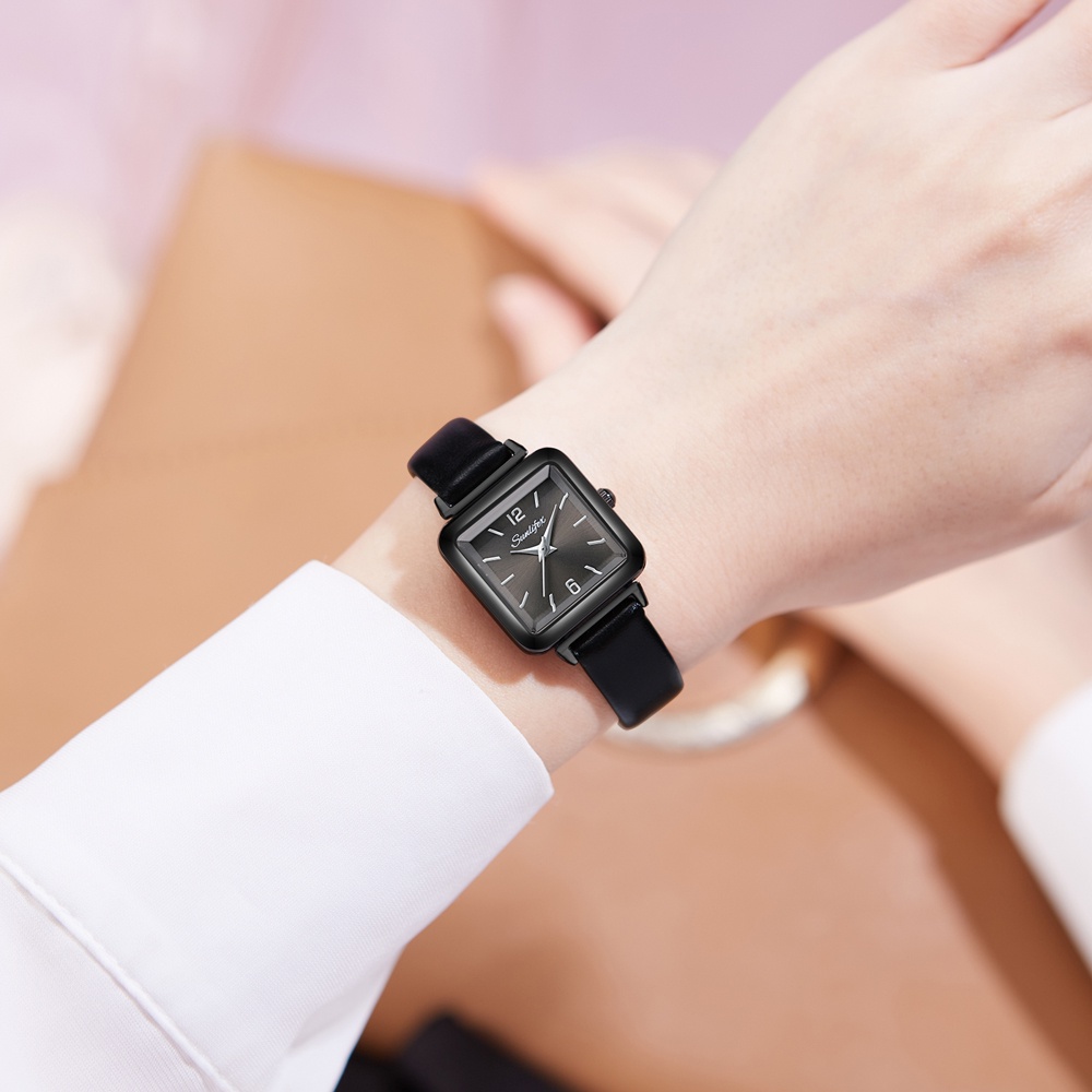 SUNLIFEX Jam Tangan Wanita Korea Mode Tampilan Dial Persegi Jam Tangan Wanita Kecil Tali Kulit Kuarsa Jam Tangan Cewek
