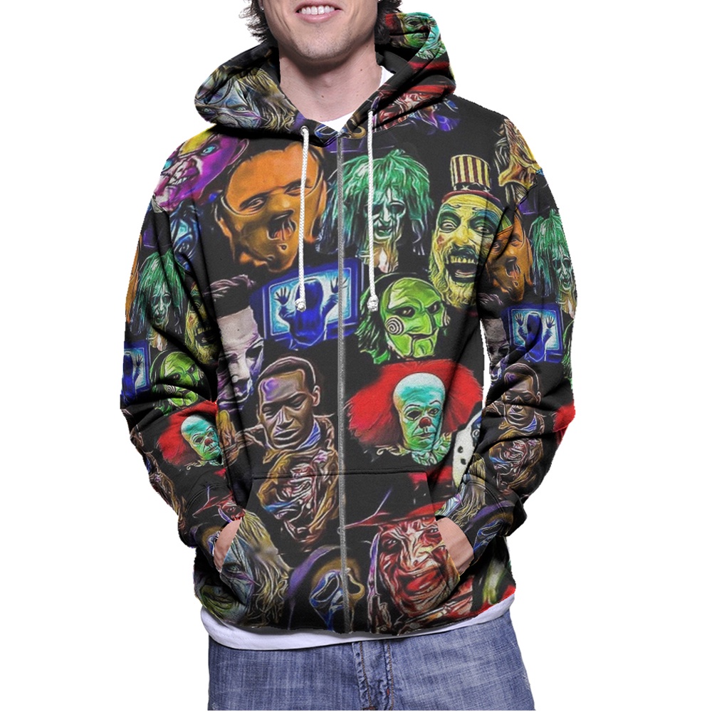 Jaket Hoodie The Evil Team Chucky Freddy Krueger Jason X Killer Clown Hoodie Fullprint Zipper Casual