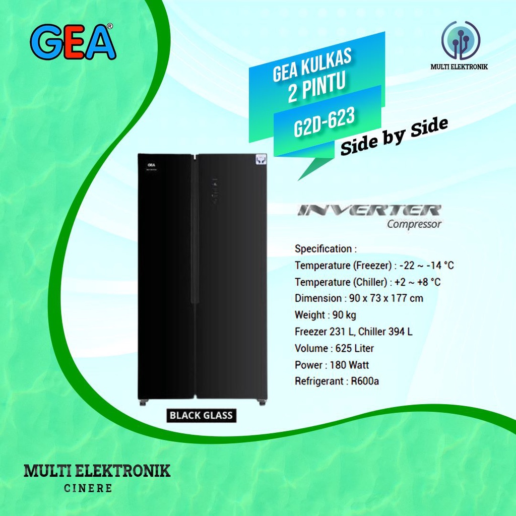 KULKAS GEA G2D 623 BLACK GLASS LEMARI ES 2 PINTU G2D-623 G2D623 SIDE BY SIDE