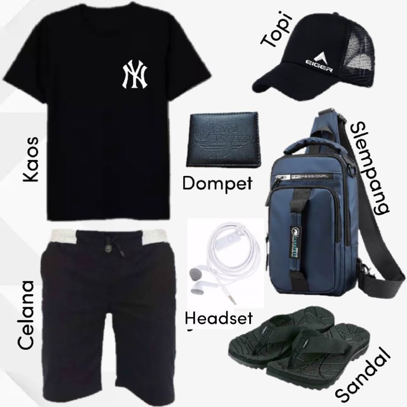 AFS - PAKET KOMPLIT 7 IN 1 KAOS DISTRO, CELANA PENDEK, DOMPET, HEADSET, TOPI, TAS MULTIFUNGSI DAN SA