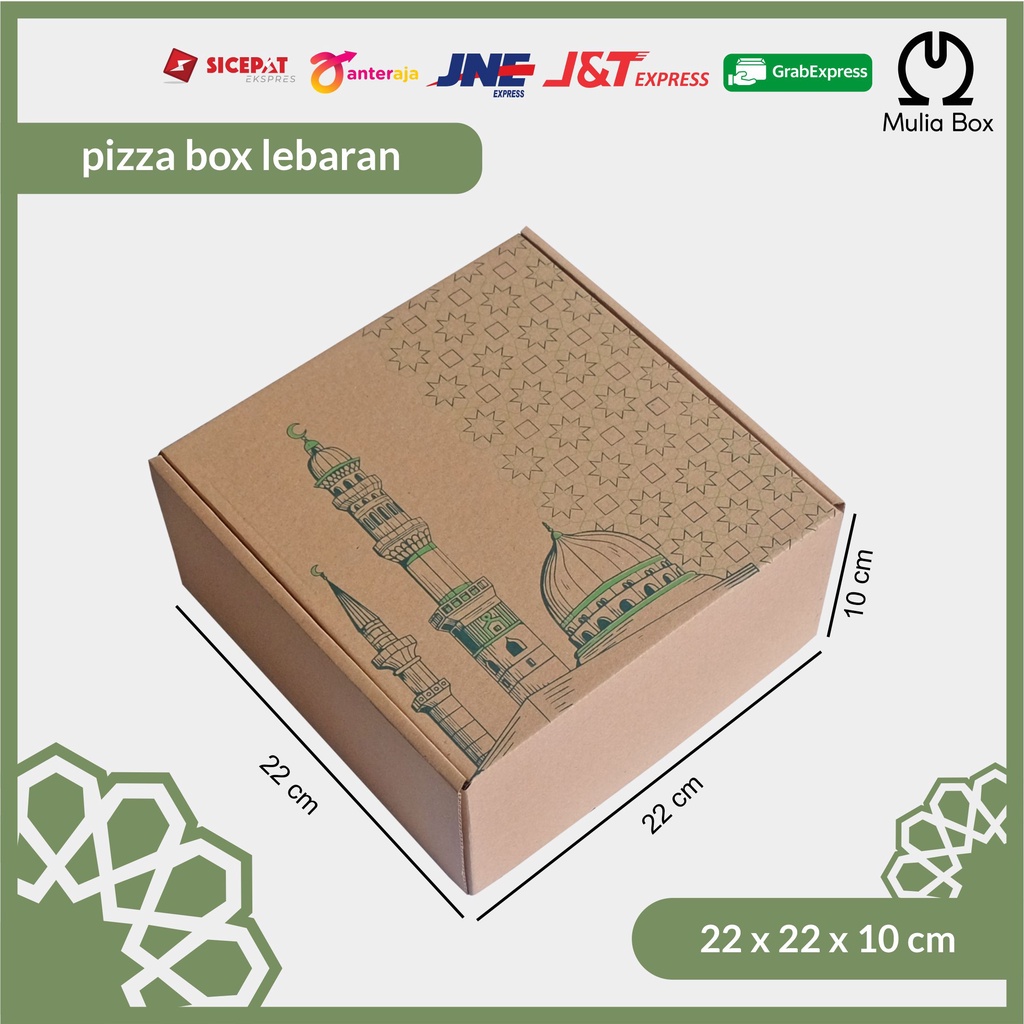 

Kardus Lebaran Idul Fitri Pizza Box 22 x 22 x 10 cm Green Mosque (ISI 5PCS) / Dus Parcel Hampers Toples Kue Kering Kado Bingkisan Corrugated Box