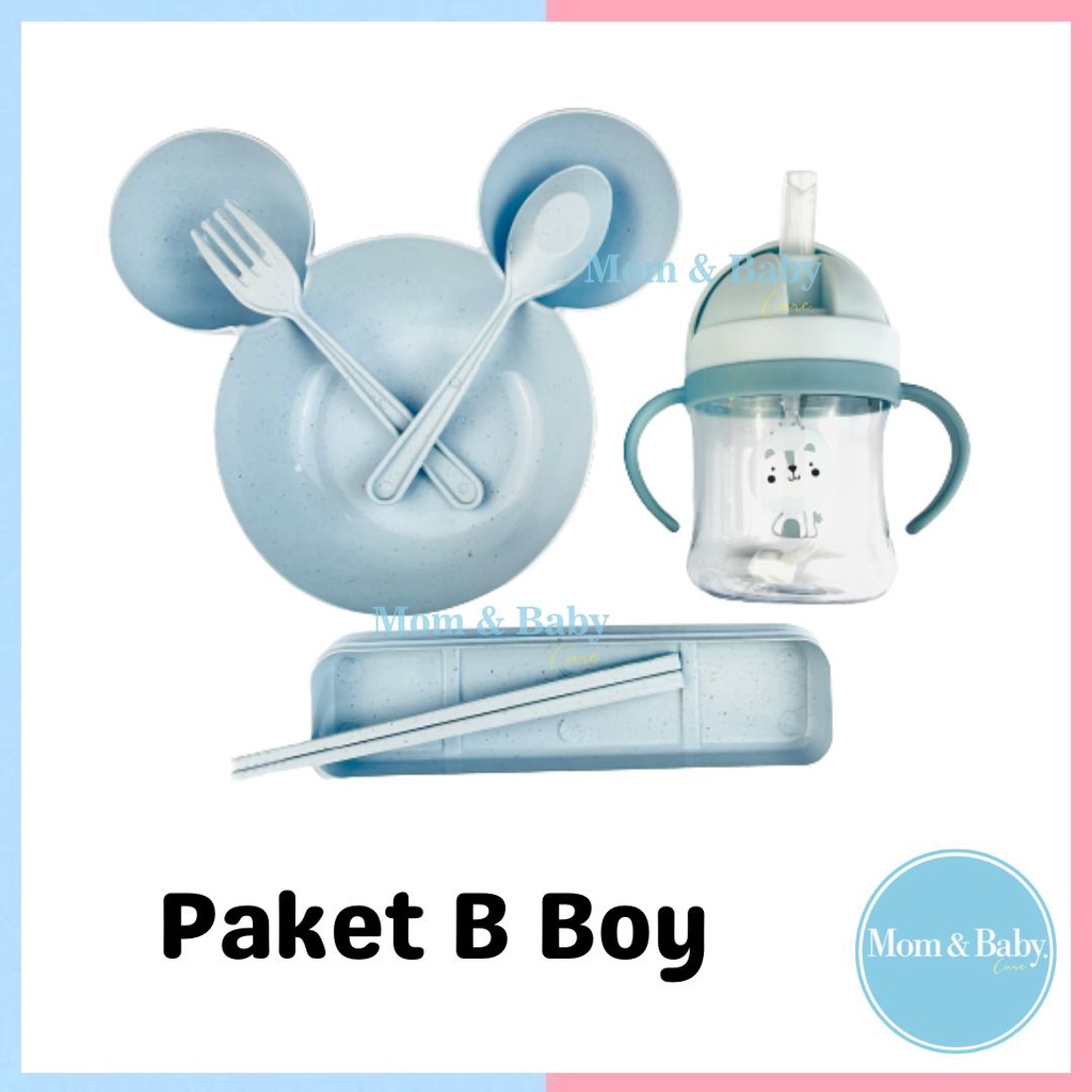 Alat MPASI Paket Hemat Mickey Perlengkapan Makan Bayi Sendok Mangkok Garpu Botol Teether Sikat Silikon