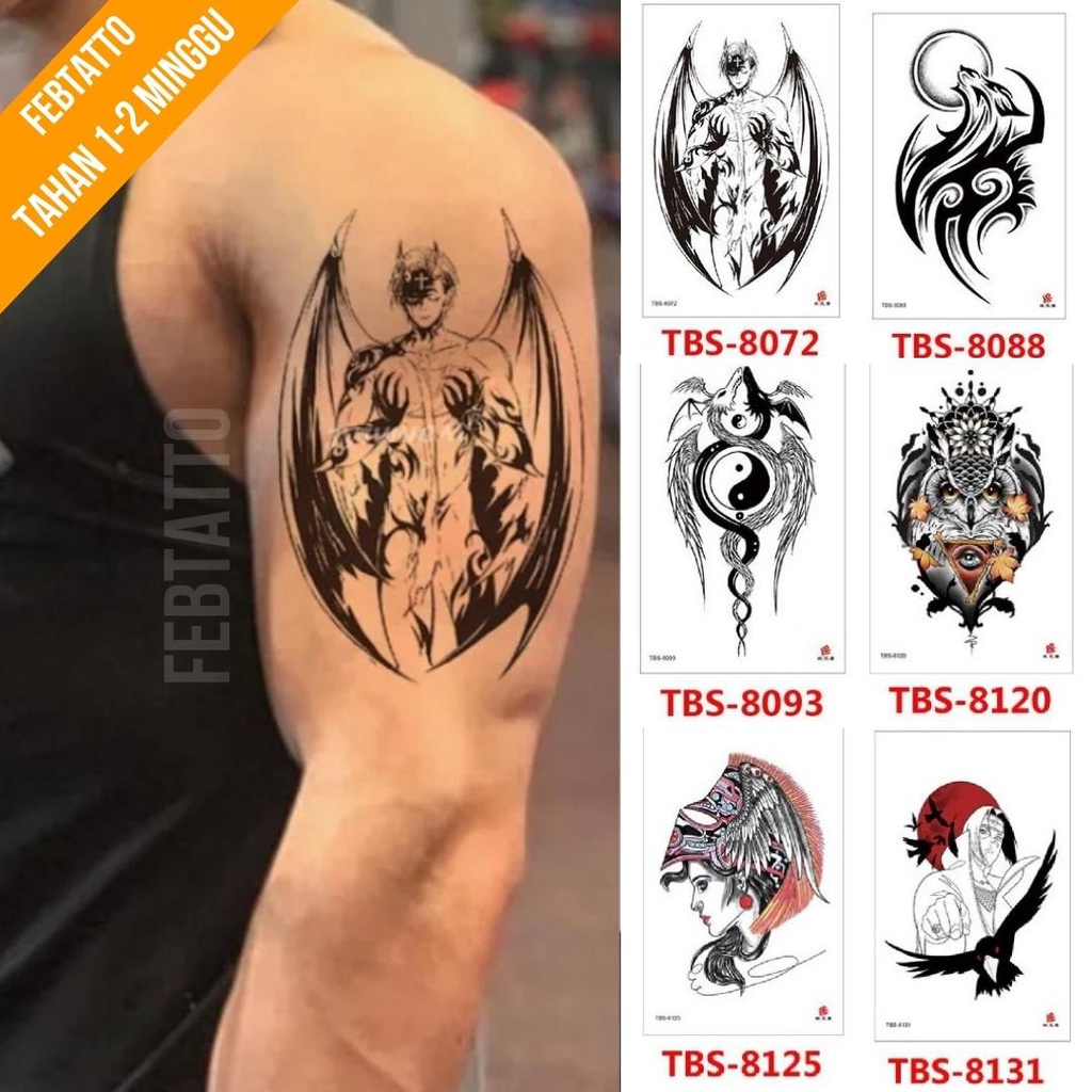 Tato Temporer Ukuran 12cmx19cm Motif Aesthetic Tatto Temporary Stiker Tato Halal Grosir Tato air motif serigala, perempuan, burung hantu, devil, yin yang TBS 8072