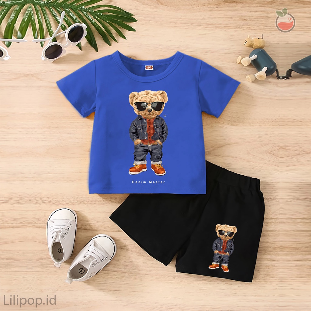 Baju Anak Stelan Kaos 3/4  BEAR CUTE Cowok Cewek  Usia 1 - 4 Tahun Celana Pendek Harian