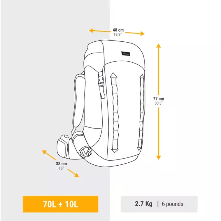 FORCLAZ MT900 Tas Punggung 70+10L Trekking Pria Backpack Olahraga